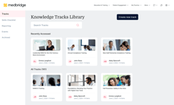 Medbridge Knowledge Tracks Library page displaying recently accessed courses with course and trainer details.