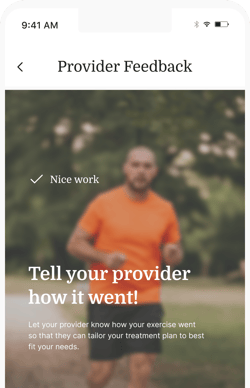 Blurred image of a jogger in an orange shirt with the message: "Nice work. Tell your provider how it went!" for medbridge.
