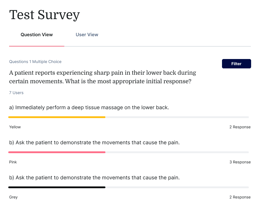 Survey results indicating "Ask the patient to demonstrate movements that cause the pain" has the most responses regarding back pain.