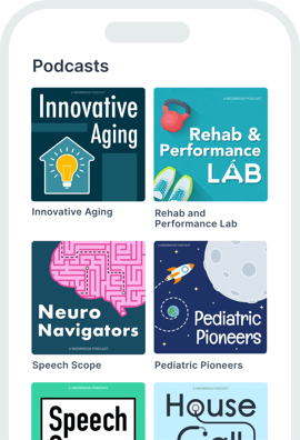 A smartphone shows six Medbridge podcast covers on healthcare education and hybrid care, including "Innovative Aging.