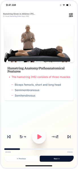 A person demonstrates hamstring exercises on a mat while a mobile device displays medbridge educational content.