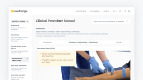 A computer displays a Medbridge phlebotomy manual with a venipuncture video and step-by-step instructions.