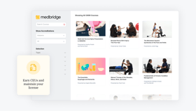 Medbridge website page showing online healthcare training courses and filters for accreditation and topics on the left.