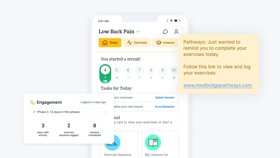 A mobile app shows a user's low back pain exercises, tasks, stats, and medbridge pathways reminders for digital care.