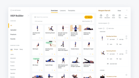 A physical therapy app by medbridge shows exercise videos, program info, and patient details in a right-side panel.