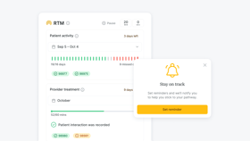 A medbridge app dashboard shows patient activity, pathway progress, and a reminder to set notifications.