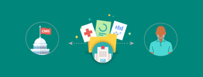 Illustration of a CMS building and person with medical files, representing Medbridge's data exchange.