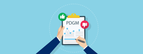 Hands holding a clipboard with "PDGM" and chart, plus thumbs-up and thumbs-down icons for feedback next to the medbridge logo.