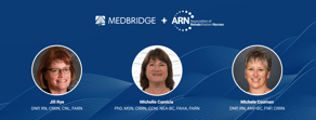 A blue graphic features Jill Rye, Michelle Camicia, and Michele Cournan with text about medbridge's partnership with the Association of Rehabilitation Nurses.