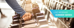 A person in a blue sleeve picks up a dumbbell in a gym, featuring "Live Webinar Summer Series" on hybrid care and medbridge healthcare education.