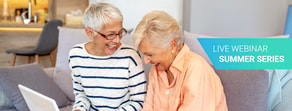 Two people smiling at a laptop for medbridge's 'Live Webinar Summer Series' on healthcare training.