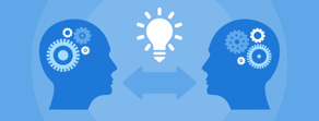 Two blue silhouettes with gears in their heads face each other under a light bulb and double-headed arrow, symbolizing idea exchange in medbridge's patient care software and healthcare education advancements.