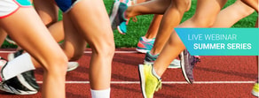 A group running on a track with a 'Live Webinar Summer Series' banner about digital healthcare benefits and medbridge.