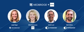 Four individuals in circular frames with medbridge, FOTO, and Crossover logos on a blue wave-patterned background, illustrating digital healthcare innovation.