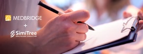 A person writes on a clipboard next to logos for medBridge and SimiTree Healthcare Consulting, emphasizing their digital healthcare solutions.