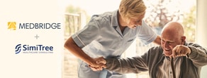 A caregiver in uniform helps a smiling elderly man, with logos for "Medbridge" and "SimiTree Healthcare Consulting" highlighting their dedication to hybrid care and innovative healthcare education.