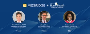 Graphic showing three healthcare professionals highlighting their expertise in hybrid care and education, featuring titles from Medbridge.