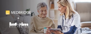 A healthcare professional uses patient care software on a tablet while sitting with an elderly woman, featuring medBridge and Interim Healthcare logos.