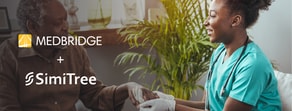A healthcare worker in scrubs assists an elderly person indoors with digital tools, featuring medBridge and SimiTree logos.