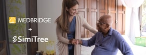 A caregiver helps an elderly man in bed, with medBridge and SimiTree logos shown.