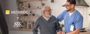 A healthcare worker in blue scrubs assists an elderly man in a kitchen, featuring medBridge and K&K Healthcare Solutions logos.