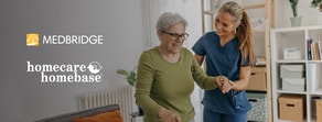 A caregiver in blue scrubs assists an elderly woman with glasses, with Medbridge and Homecare Homebase logos visible.