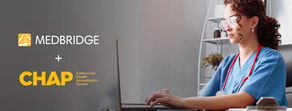 A healthcare professional uses a laptop with medbridge and CHAP logos, promoting enhanced community health services.