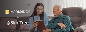 A young woman shows an elderly man digital healthcare tools on a tablet, with medbridge and SimiTree logos featured.