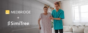 A caregiver assists an elderly woman with a walker, with medbridge and SimiTree logos displayed, emphasizing digital healthcare.