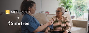 A healthcare professional checks an older woman's blood pressure, highlighting Medbridge and SimiTree's role in digital healthcare tools.