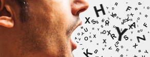 Person speaking with scattered black letters symbolizing speech, set against a plain background.