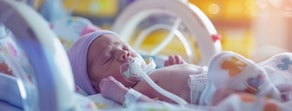 A newborn in an incubator with a striped cap, breathing tube, and colorful blanket lies calmly.
