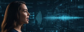 A woman speaks as digital graphics illustrate medbridge voice recognition in healthcare software.