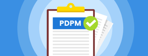 Illustration of a clipboard with "PDPM" papers and a checkmark, symbolizing digital healthcare progress, on a blue background.