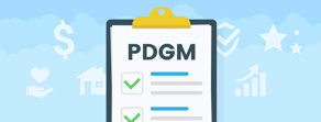 An illustration of a clipboard with "PDGM" and checkboxes, featuring health, finance, and metrics icons, against a cloudy blue sky for medbridge.