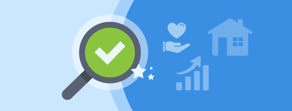 A magnifying glass with a green checkmark and stars is surrounded by icons, symbolizing digital healthcare and hybrid care, in medbridge branding.