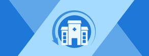 Icon of a hospital with a cross and circular arrow on blue, symbolizing digital healthcare at medbridge.
