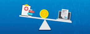 Illustration of a balanced seesaw with a coin, healthcare clipboard, and invoice against a blue background.