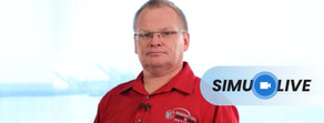Man in a red polo shirt stands against a light background with a "SIMU LIVE" graphic on the right; related to medbridge.