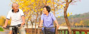 An older couple cycles on a scenic path with yellow blossoms around them.