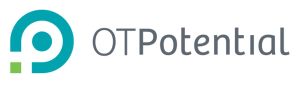 The OTPotential logo is a teal circle with gray text "OTPotential," representing commitment to innovative healthcare education, partnered with medbridge.