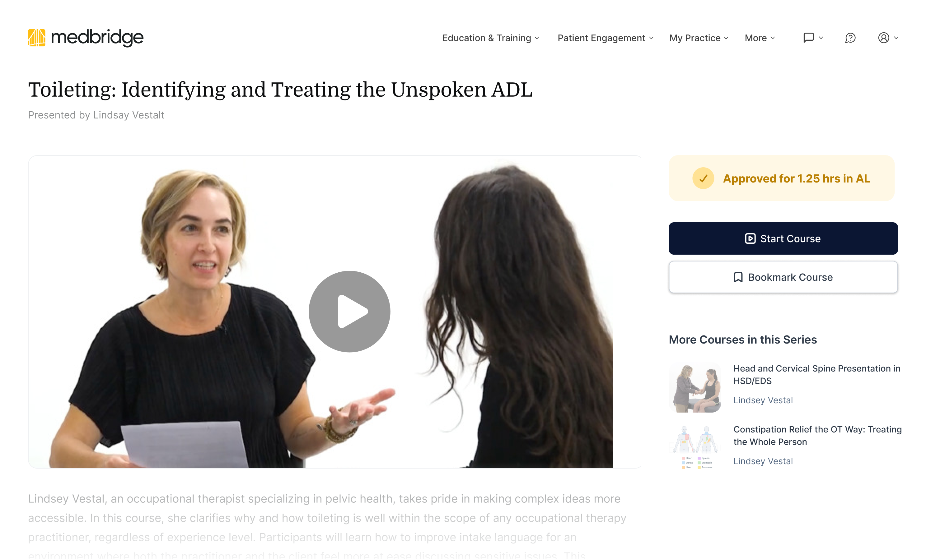 Two women talk with a clipboard while an online course called "Toileting: Identifying and Treating the Unspoken ADL" is shown on the medbridge platform.