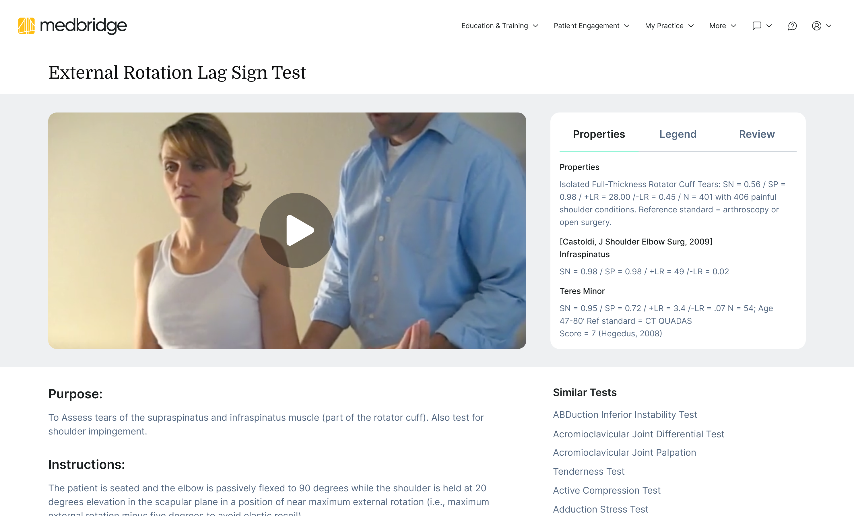 A woman in a white tank top demonstrates the External Rotation Lag Sign Test with a man in a blue shirt on medbridge.
