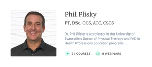 Headshot of Phil Plisky with credentials, brief bio, and icons showing 21 medbridge courses and 8 webinars.