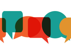 Colorful overlapping speech bubbles representing multilingual communication in speech-language pathology.