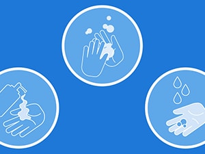 Medbridge icons for handwashing steps: water drops, soapy hands, towel, pouring liquid, rinsing hands on blue.