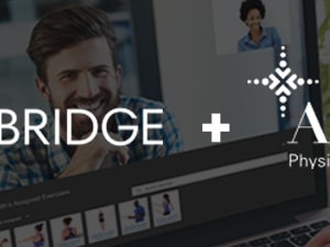 MedBridge and Alliance Physical Therapy Partners logos displayed over a video call on a laptop screen.