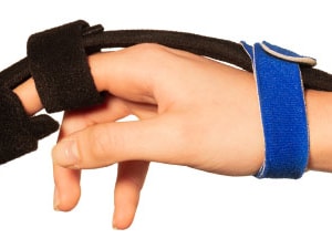 A hand in a black and blue splint supporting the fingers and wrist, Medbridge style.
