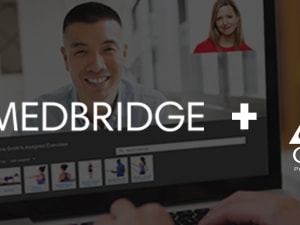 Video call on laptop with two people and medBridge and CORA Physical Therapy logos.