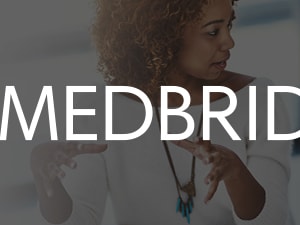 Two people talking with a medbridge logo and text overlay.